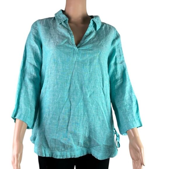 Issac Mizrahi Teal Linen Pop Over Blouse - Picture 1 of 6